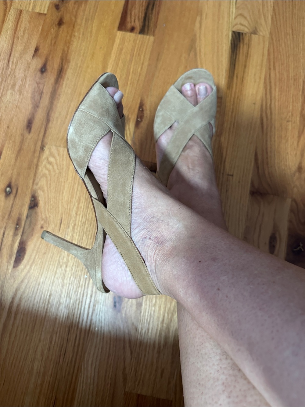 Michael Kors Suede Crisscross Peep-Toe Slingback Heels in Tan